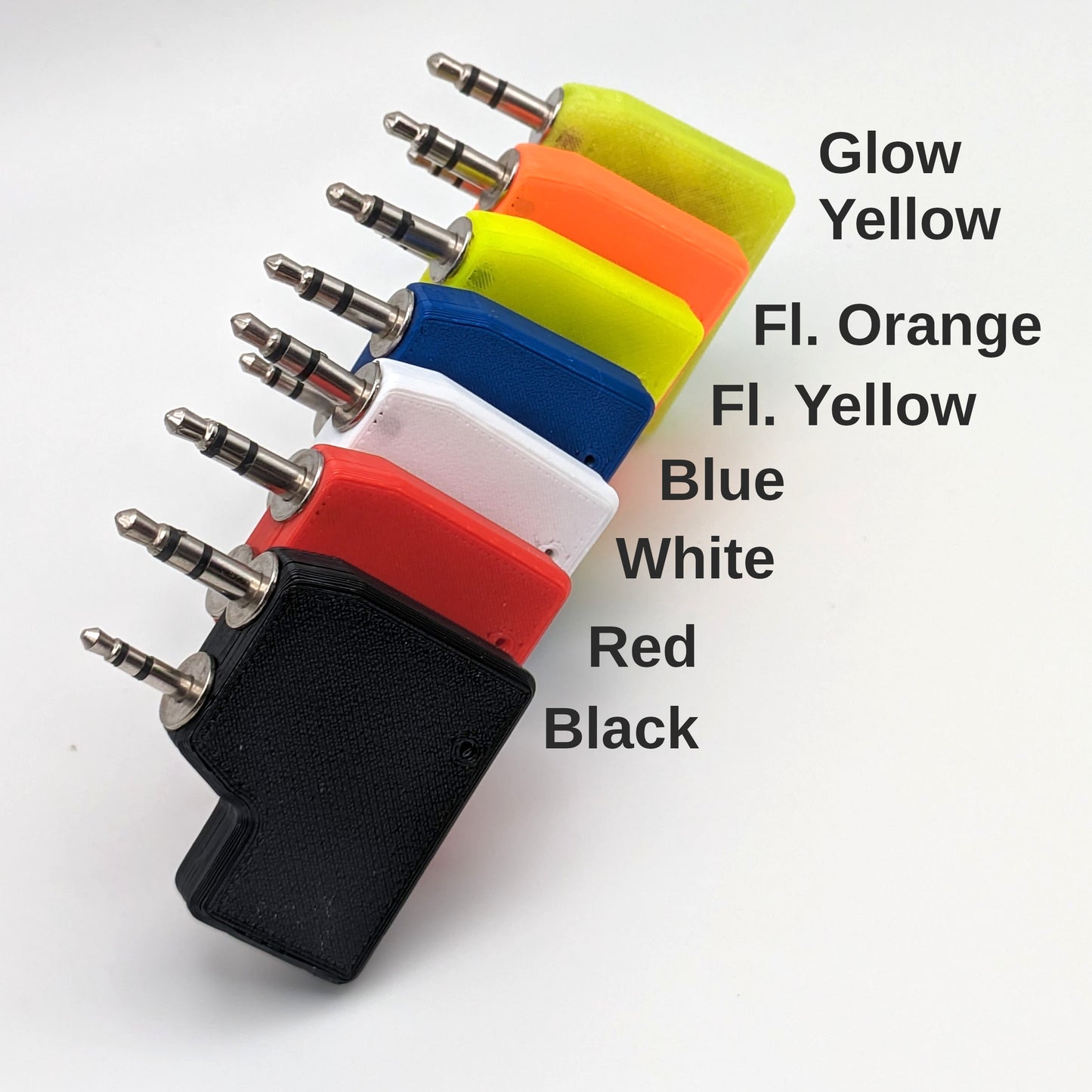 Collection of all AIOC case colors with text of each color (Black, Red, White, Blue, Fluorescent Yellow, Fluorescent Orange, and Glow Yellow)